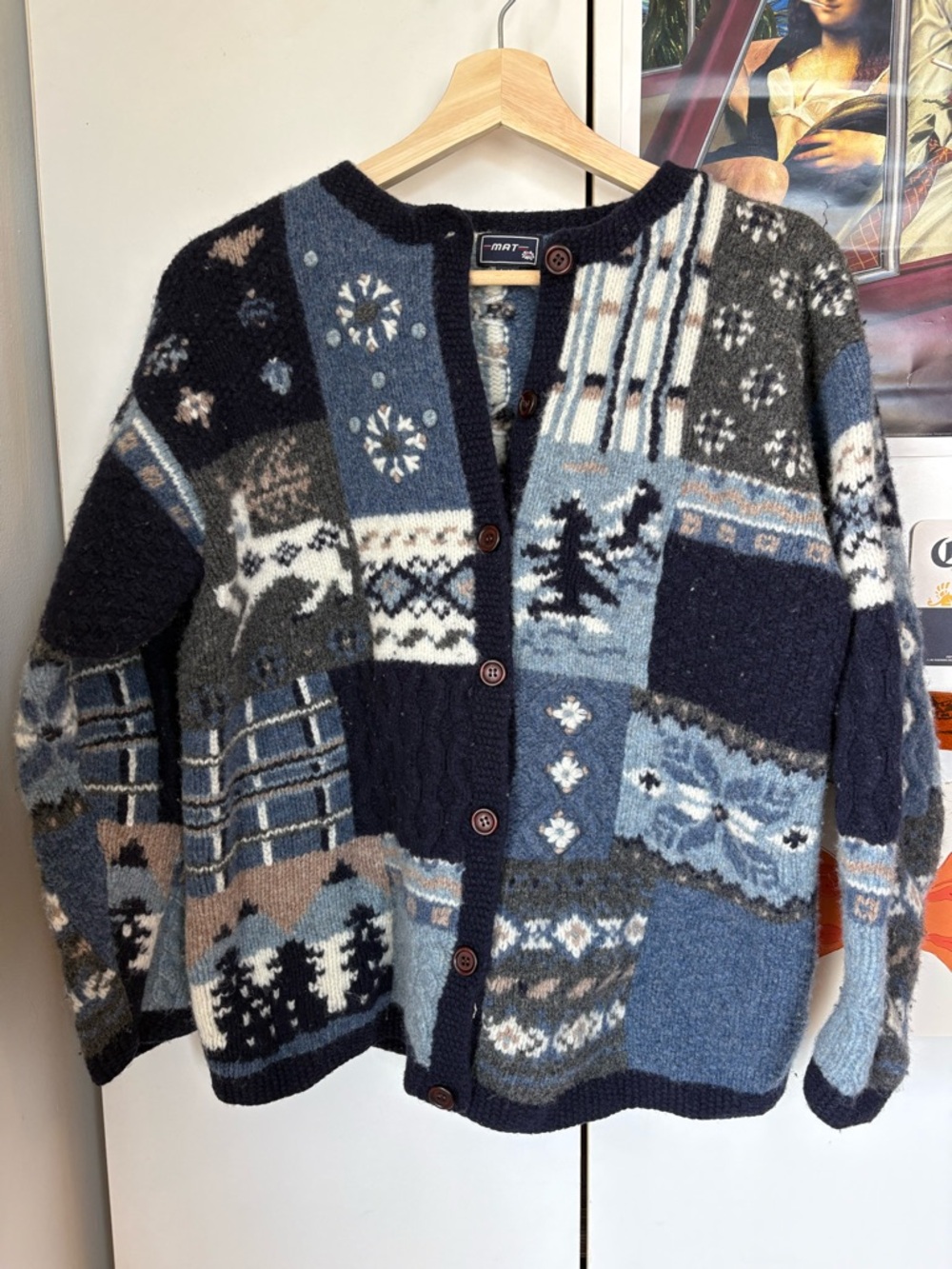 mat. Patchwork Knit Cardigan in Blue, Gray, Brown